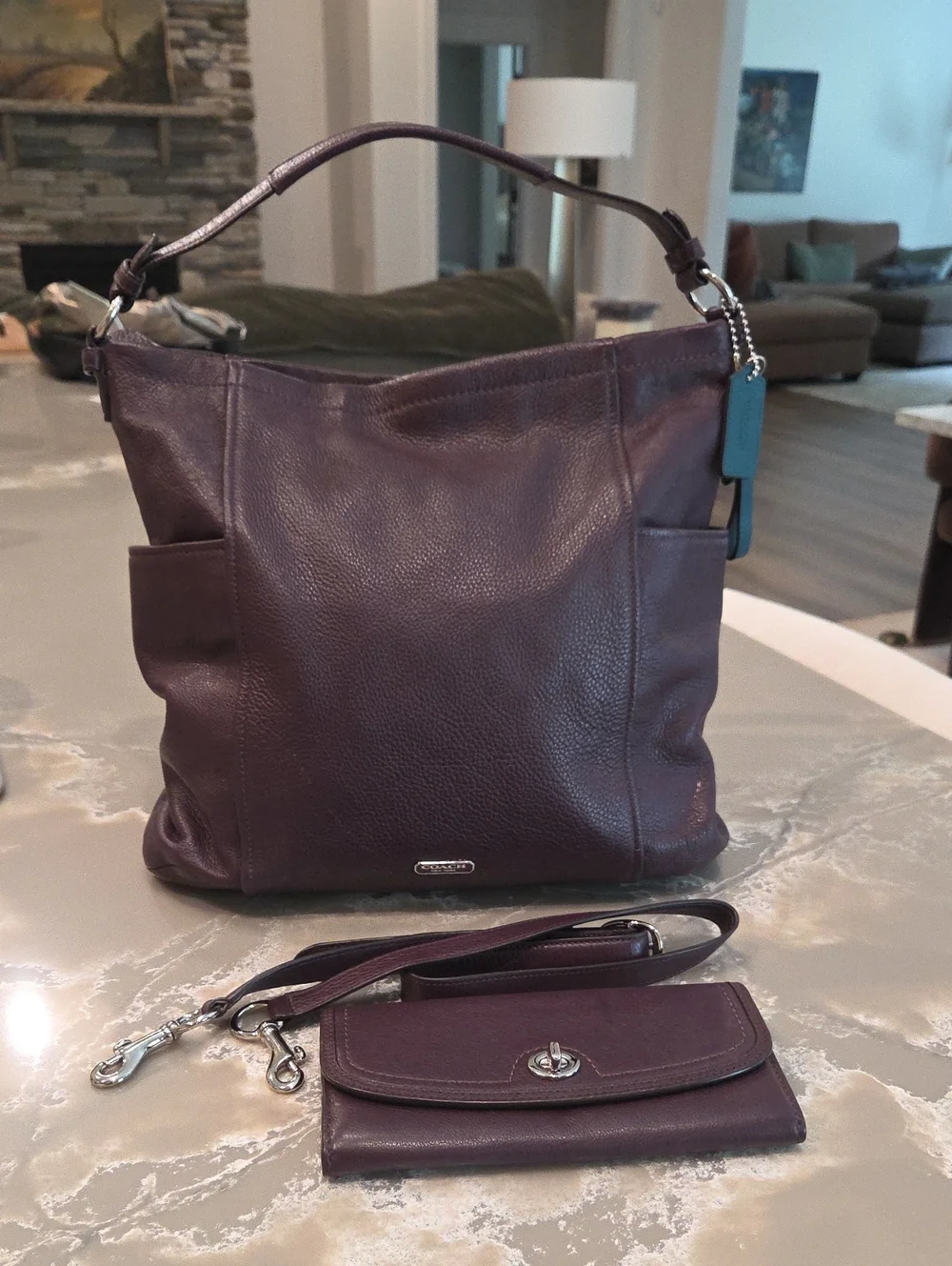 Coach Plum Leather Hobo Bag with Matching Wallet